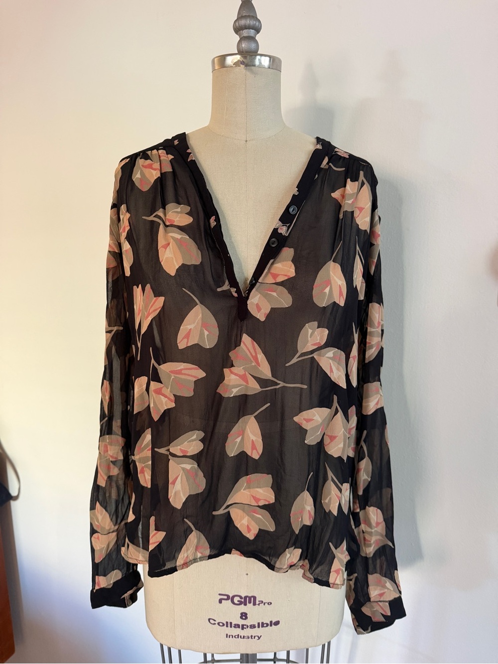 Lucky Brand Sheer Black Floral Long-Sleeve V-Neck Blouse